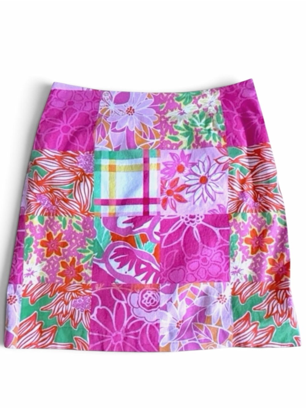 Lilly Pulitzer Cotton Stretch Patchwork Floral Lined Mini Skirt Pink Green